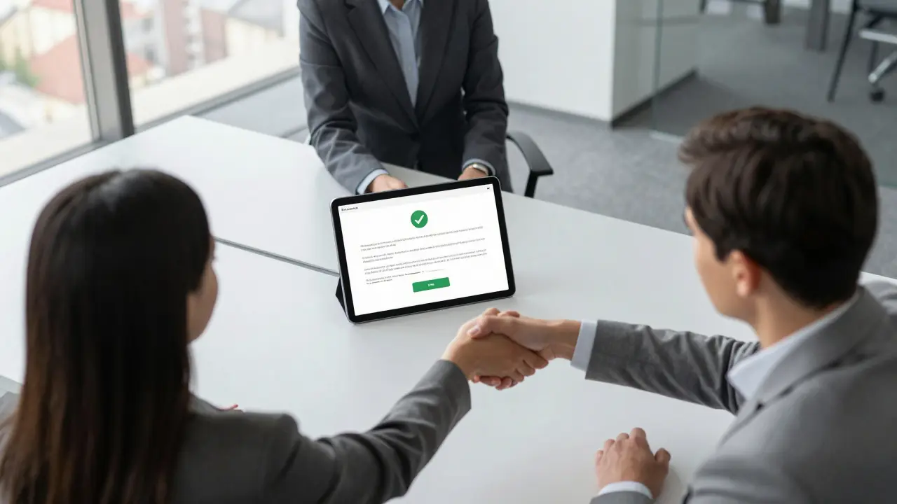 Podání a podpis dokumentů v moderní kanceláři s využitím digitálního podpisu.