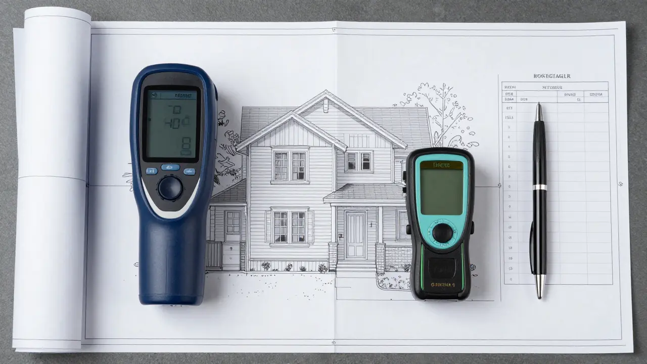 Pomůcky stavebního inspektora a blueprint domu na stole.