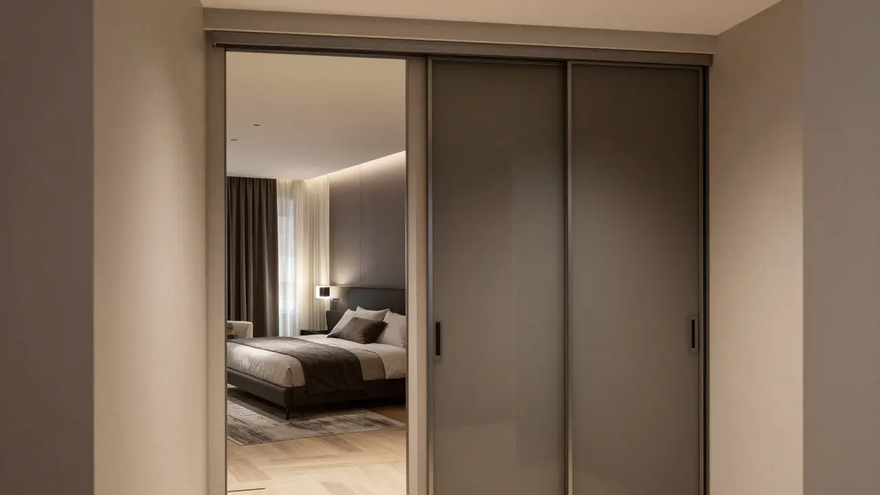 Posuvné dveře skříně se zrcadlem a matovaným sklem v chodbě.
