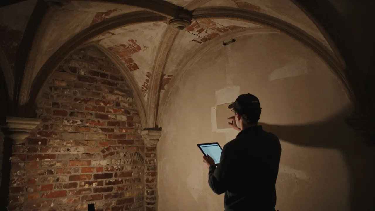 Rekonstrukce historické budovy s odkrytým klenbovým stropem a vzorkem materiálu.