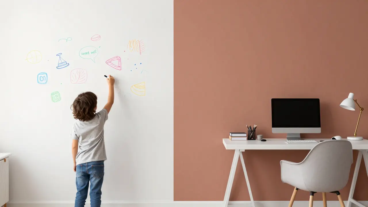 Srovnání dětského pokoje s whiteboardovou tapetou a moderní kanceláře s ekotapetou.