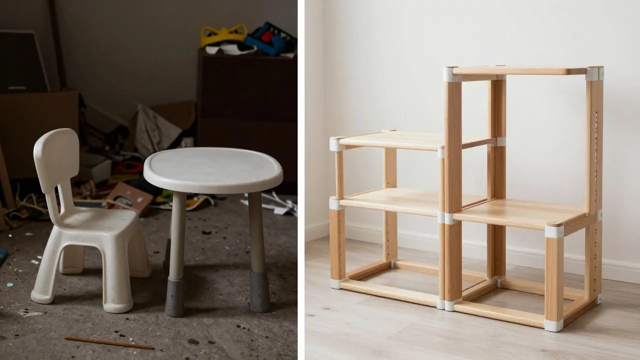 Srovnání krátkodobého levného nábytku s kvalitním a udržitelným rostoucím systémem.