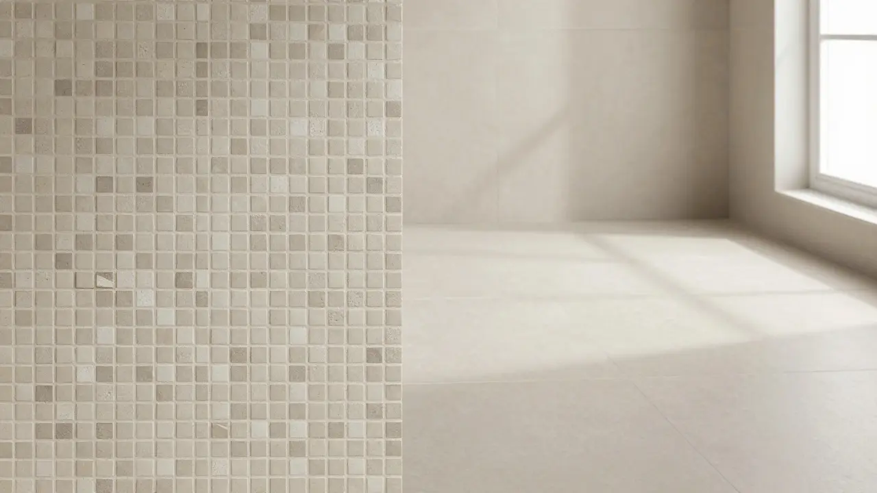 Srovnání textury mozaikové dlažby a velkoformátového gresu v koupelně.