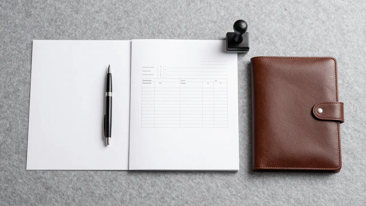 Stůl s dokumenty, pečetí a koženým aktovkou