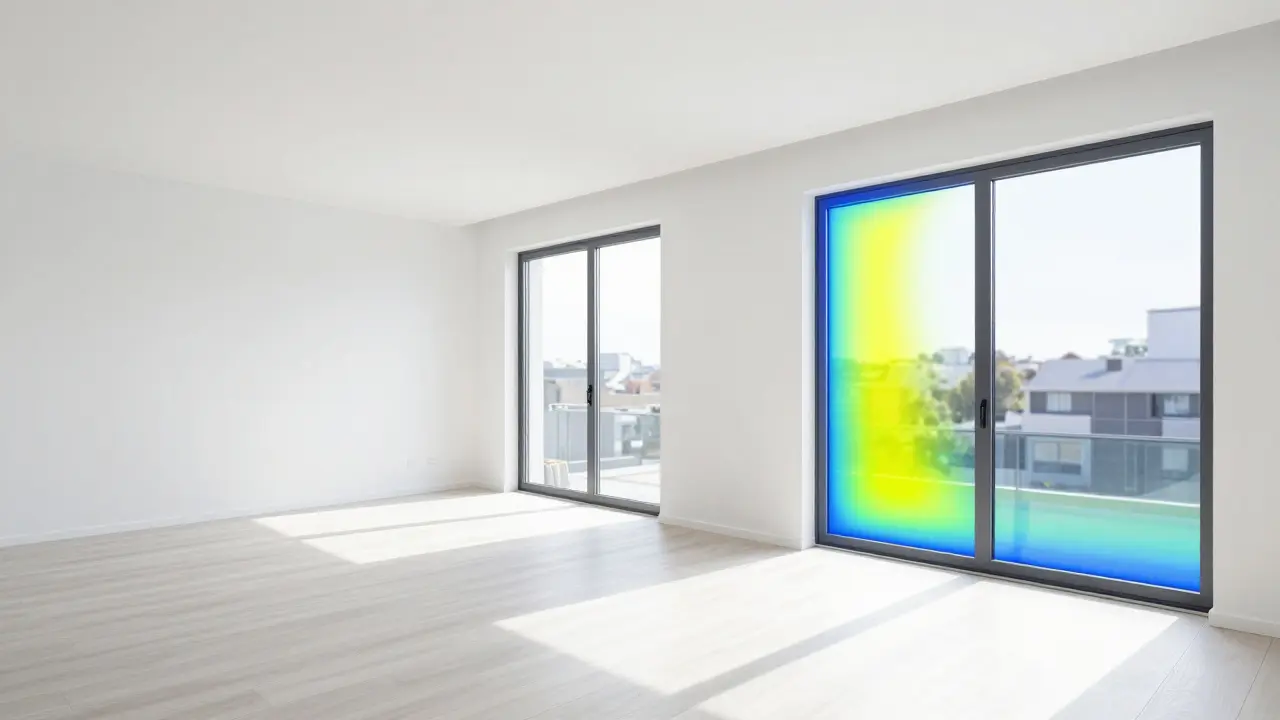 Termovize odhaluje tepelný únik u okna v novostavbě.