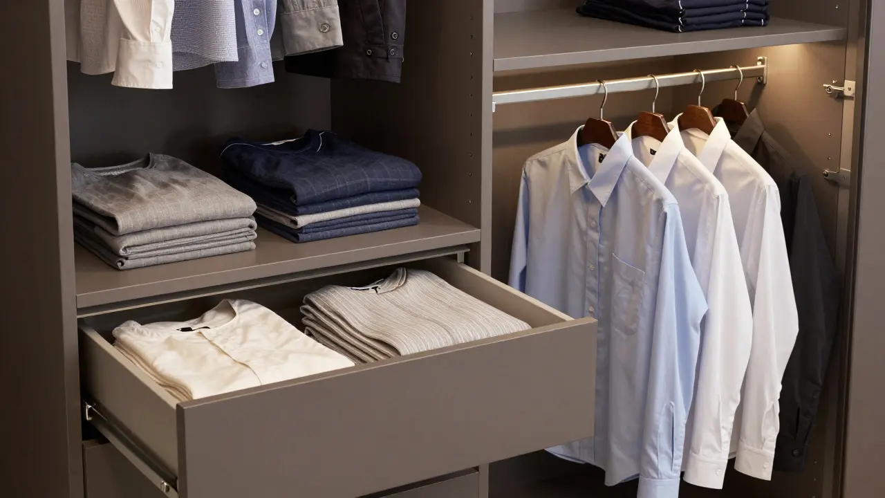 Vnitřní organizace skříně s vysuvnými zásuvky, policemi a LED osvětlením.