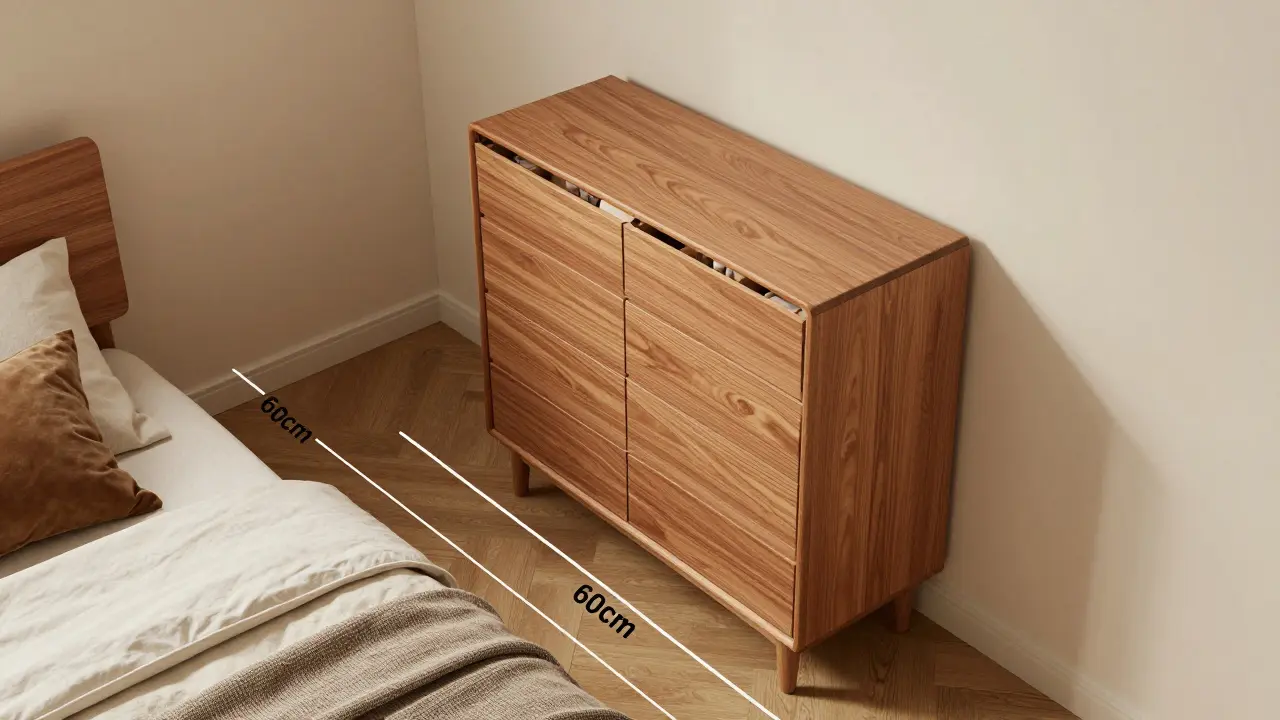 Vysoká úzká komoda v minimalistické ložnici s volným prostorem pro pohyb.