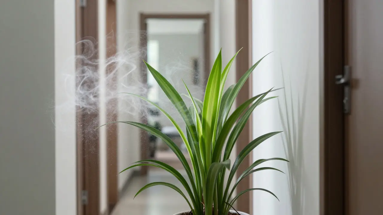 Zelenec chocholatý v halě s vizualizací čištění vzduchu od nečistot.