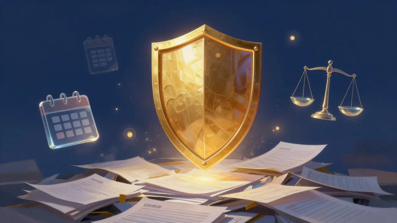 Zlatý štít chránící dokumenty v modrém pozadí