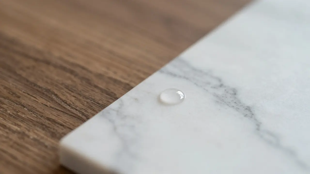 Detailní záběr kontrastu mezi tmavým dubem a bílým mramorem