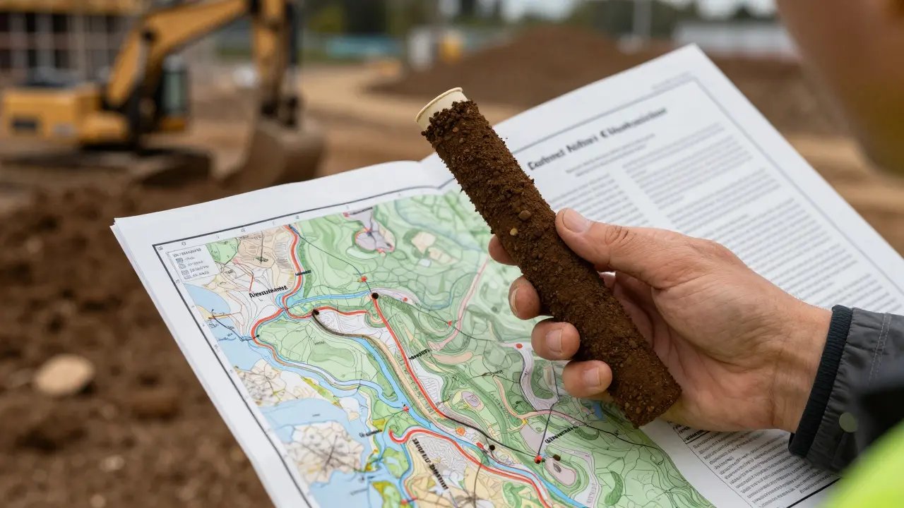 Geologický vzorek půdy vedle mapy na stavbě