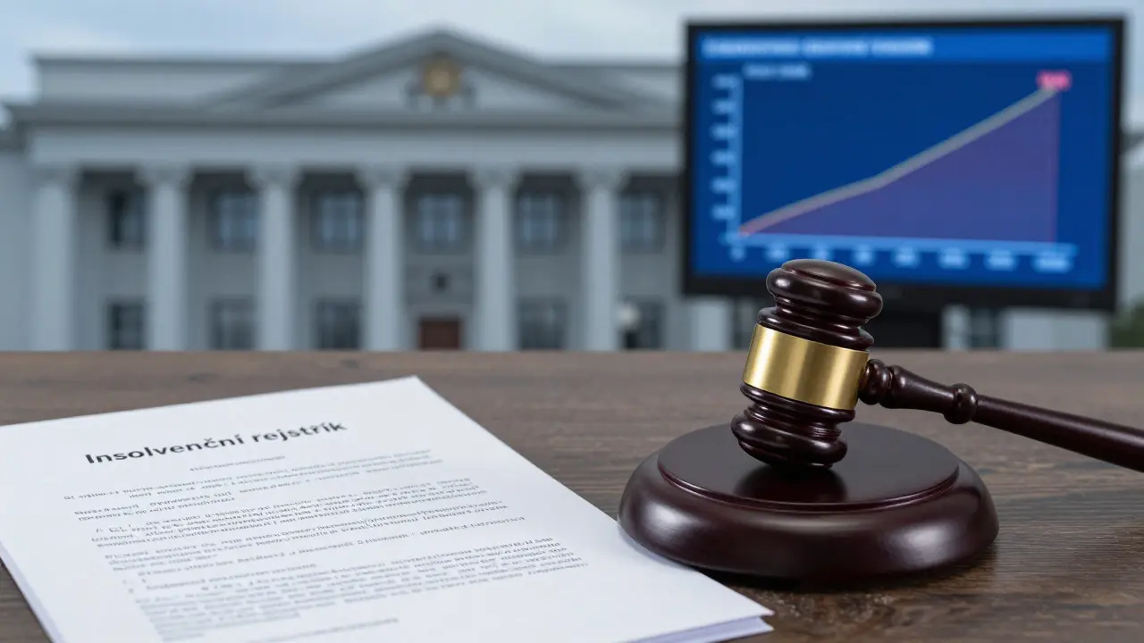Soudní kladívko a dokumenty z insolvenčního rejstříku