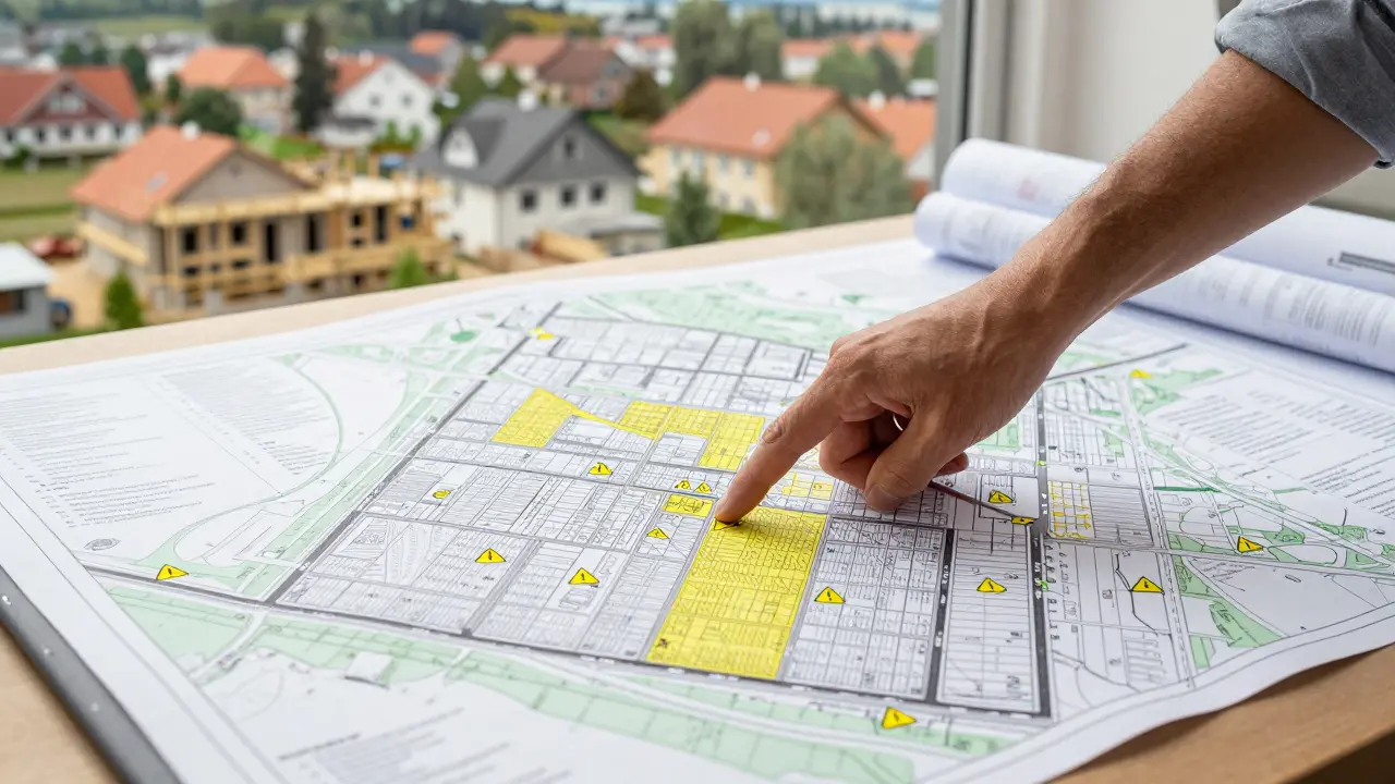 Architekt kontroluje územní plán na mapě před stavbou