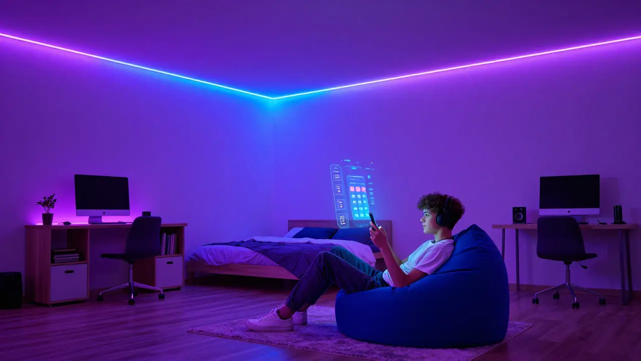 Barevné LED osvětlení v pokoji teenagera pro relaxaci