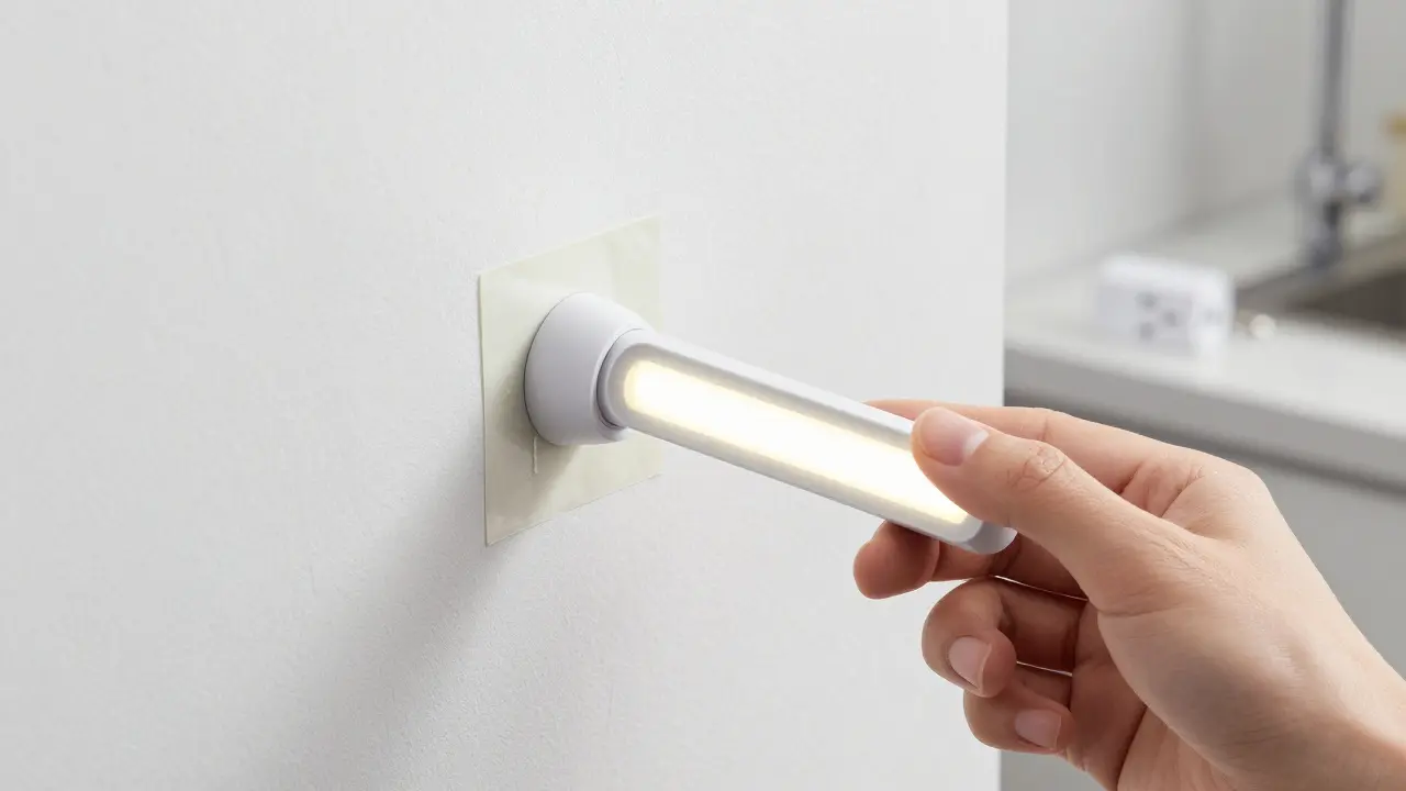 Detail instalace magnetického svítidla na zeď pomocí lepicí pásky