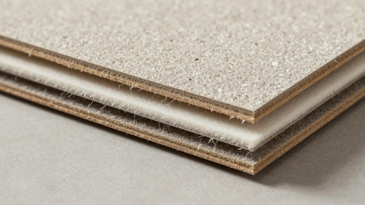 Detailní pohled na strukturu kobercové dlaždice s akustickou podložkou
