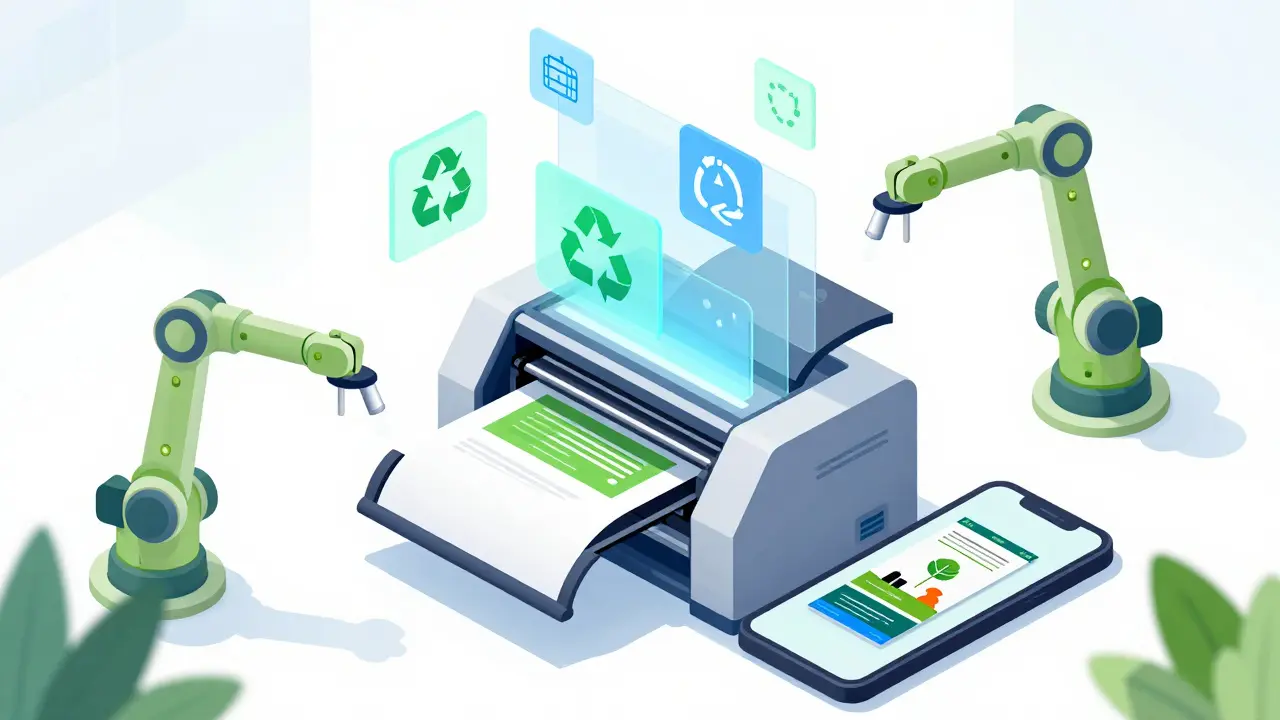 Koncept budoucnosti tisku s důrazem na ekologické technologie a automatizaci