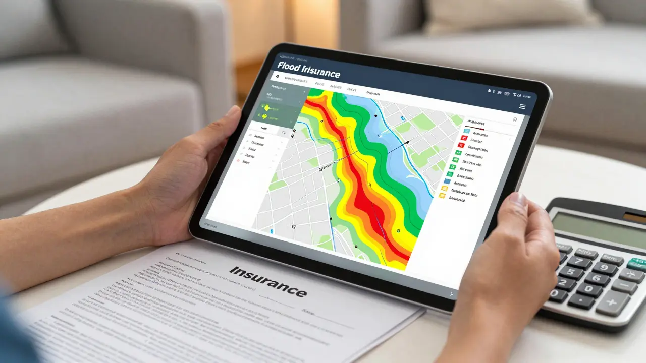 Ruce drží tablet s mapou záplavové zóny vedle pojistné smlouvy