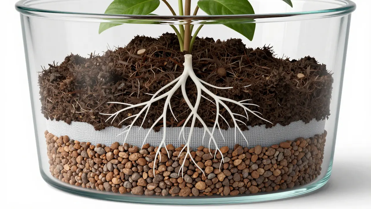 Schéma správné drenážní vrstvy z keramzitu uvnitř květináče