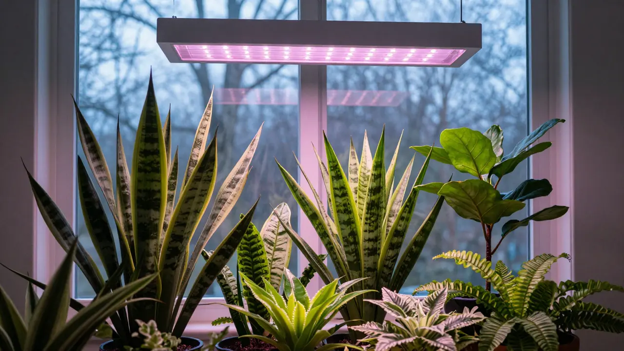 Skupina rostlin pod LED pěstovacím světlem