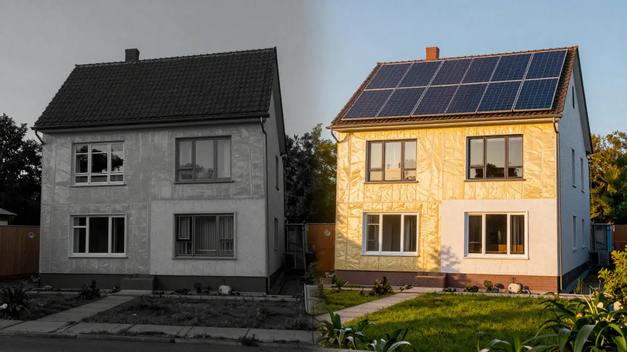 Srovnání domu před a po zateplení a instalaci solárních panelů