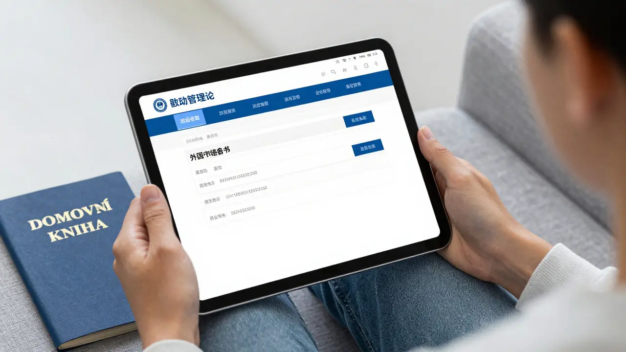 Tablet s portálem MV vedle domovní knihy na gauči