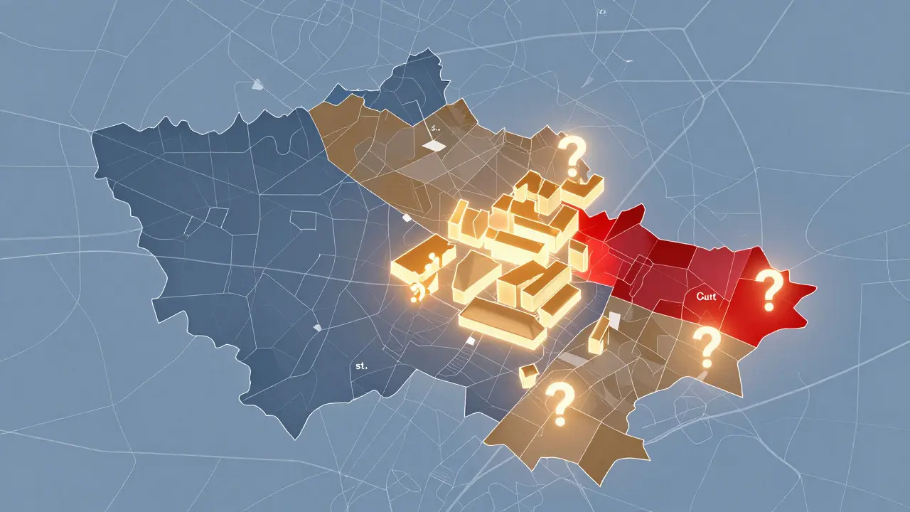 Abstraktní mapa katastru s označenými chybami v parcelních číslech