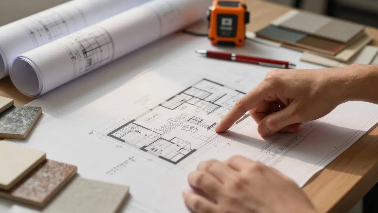 Architektonické výkresy a vzorky materiálů na stole projektanta