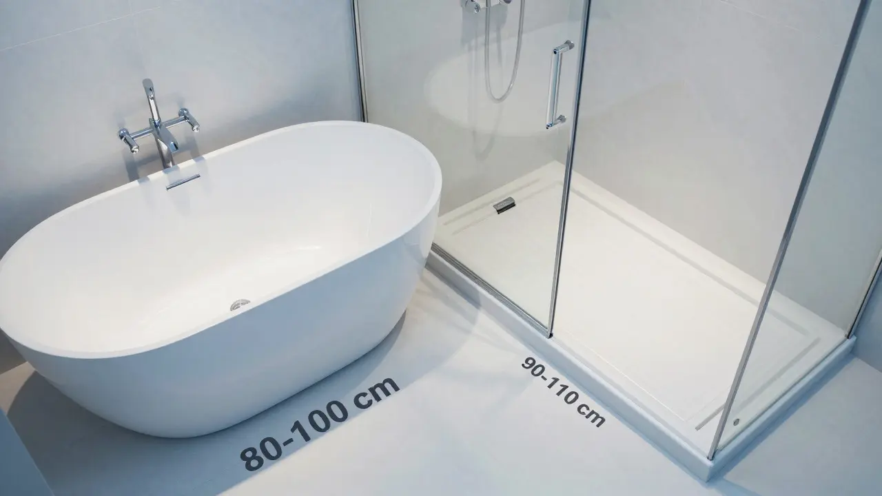 Architektonický pohled na rozmístění vany a sprchy s ergonomickými vzdálenostmi