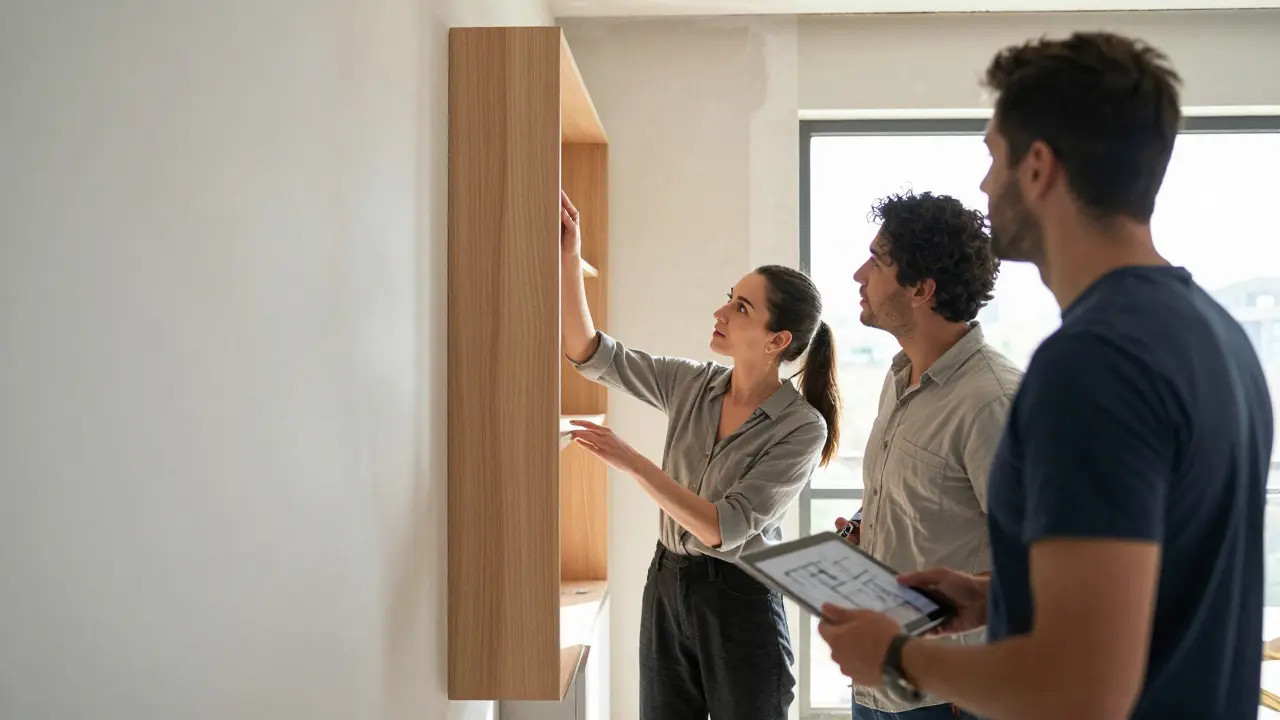 Designér kontroluje kvalitu instalace nábytku na staveništi