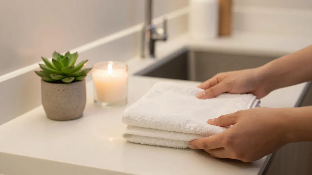 Detail čerstvých ručníků a rostliny jako součást home stagingu