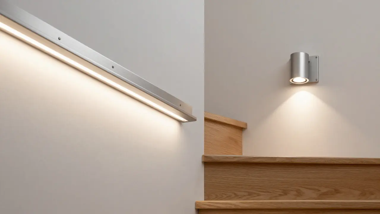 Detail LED pásky a bodového svítidla na stěně u schodů