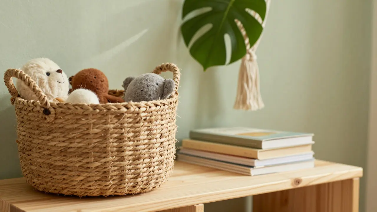 Detail přírodních materiálů: ratanový koš, dřevo a rostlina v boho interiéru