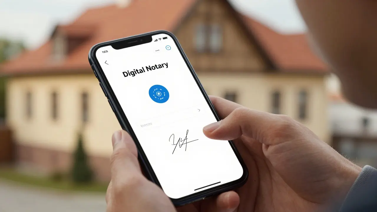 Digitální podpis plné moci na mobilu s domem na pozadí