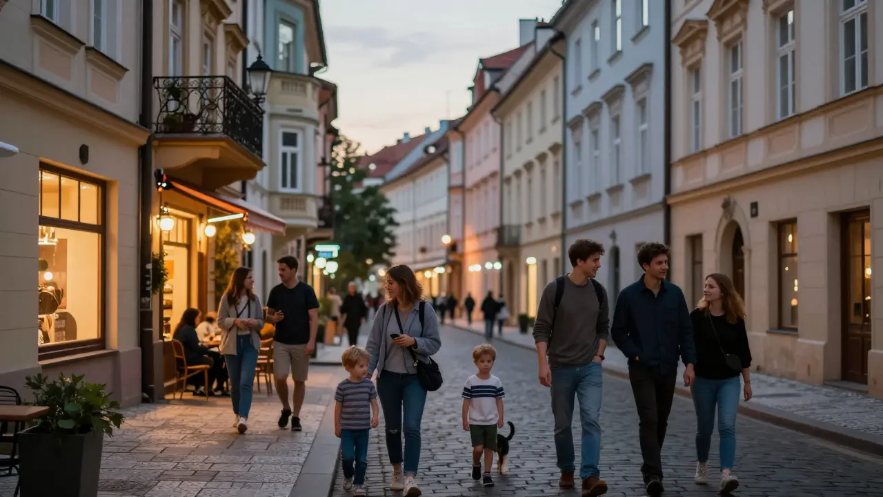 Rodina prochází živou pražskou ulicí večer s teplým osvětlením