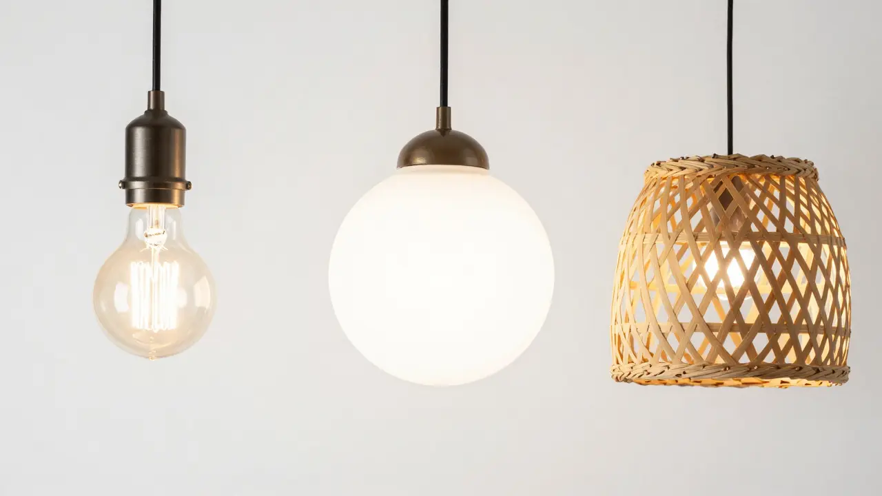 Tři typy závěsných lamp: industriální, skleněná a dřevěná