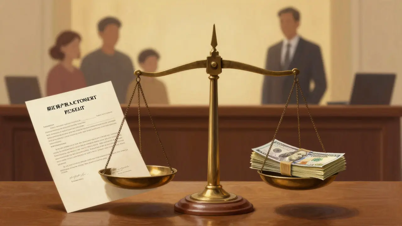 Vyvážená váha s kupní smlouvou a penězi symbolizující férové podmínky