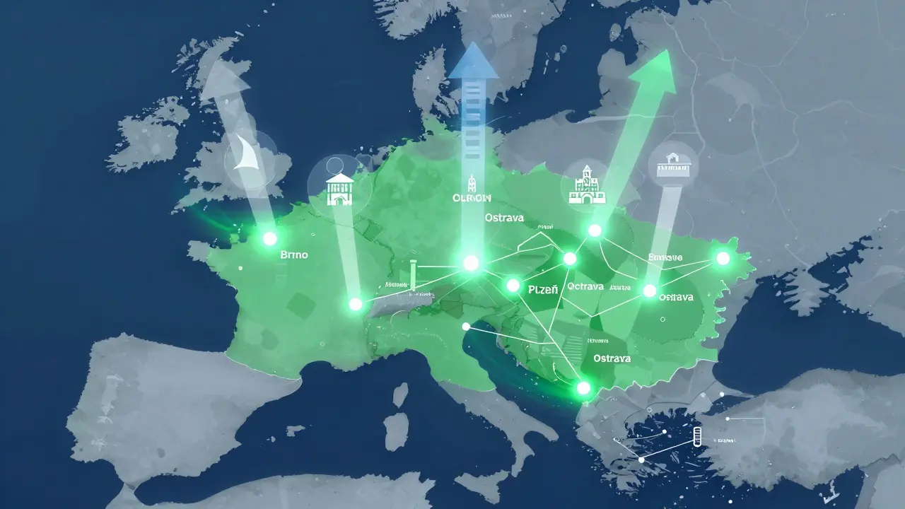 Abstraktní mapa Česka s indikátory růstu cen a infrastruktury ve městech