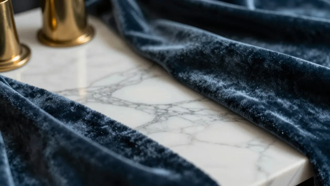 Detail mramoru a sametu s mosaznými doplňky v glamour stylu