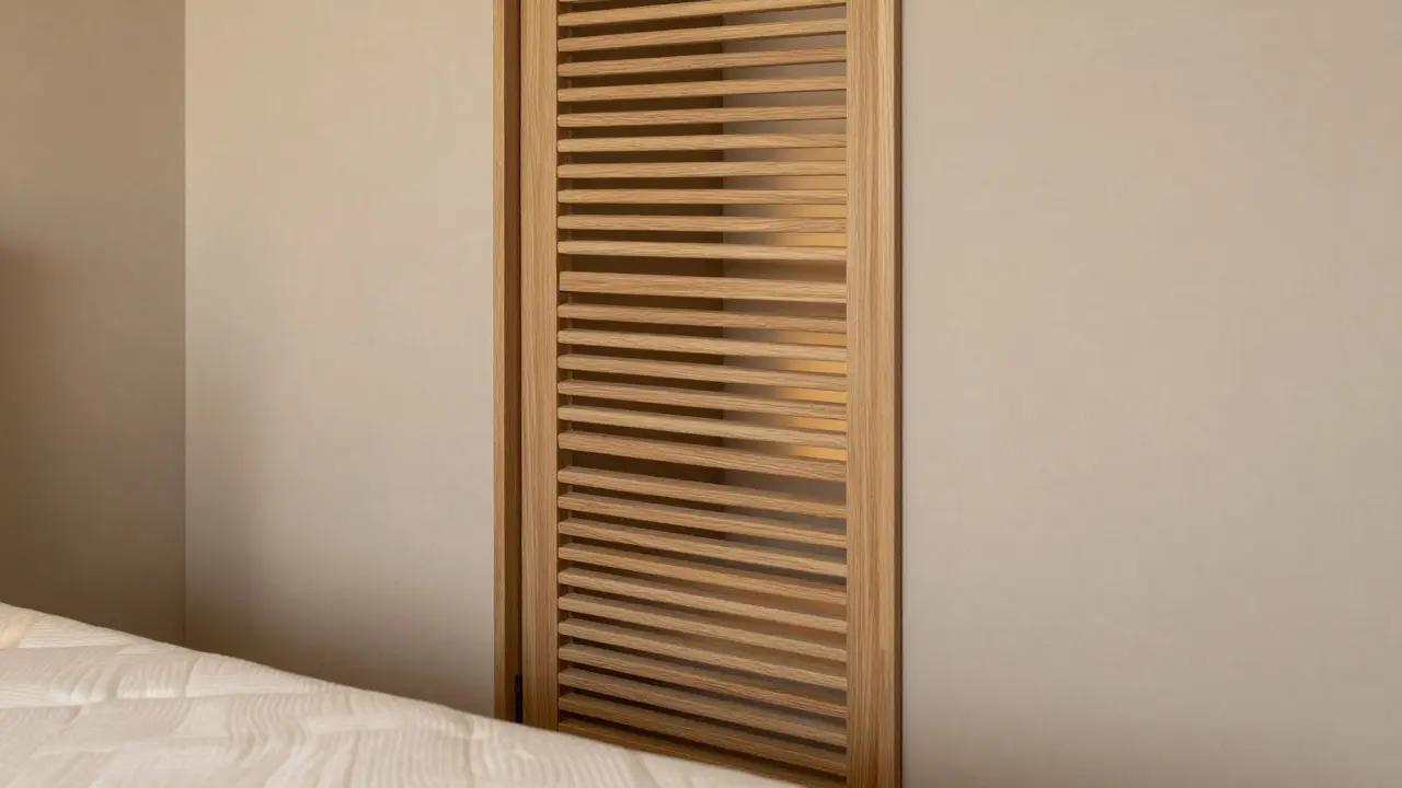 Detail of a built-in wardrobe partition integrated into a bedroom wall next to a bed