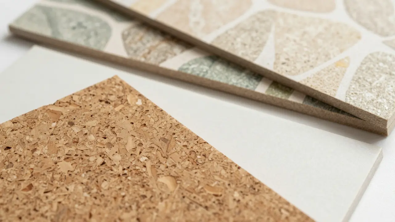 Detail udržitelných materiálů: kork, bioplast a recyklovaná tapeta v přírodních tónech