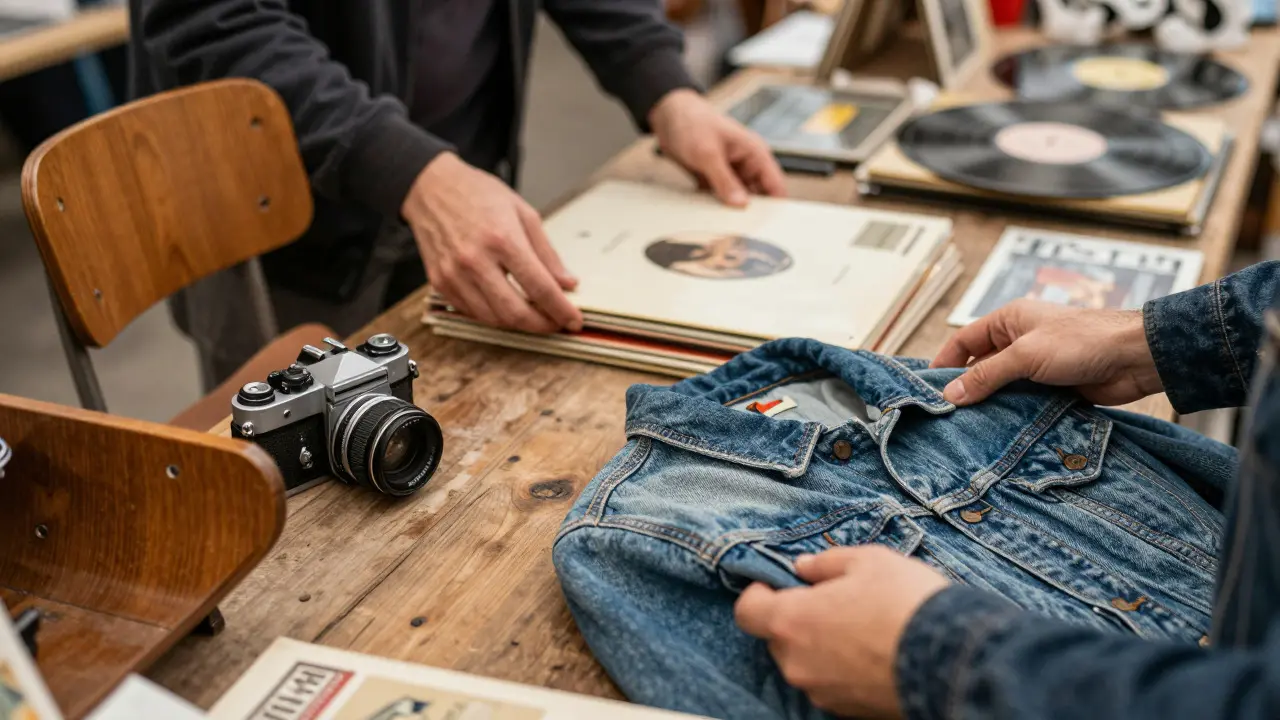 Detailní záběr rukou prohlížejících si vintage oblečení a gramofonové desky na bazaru