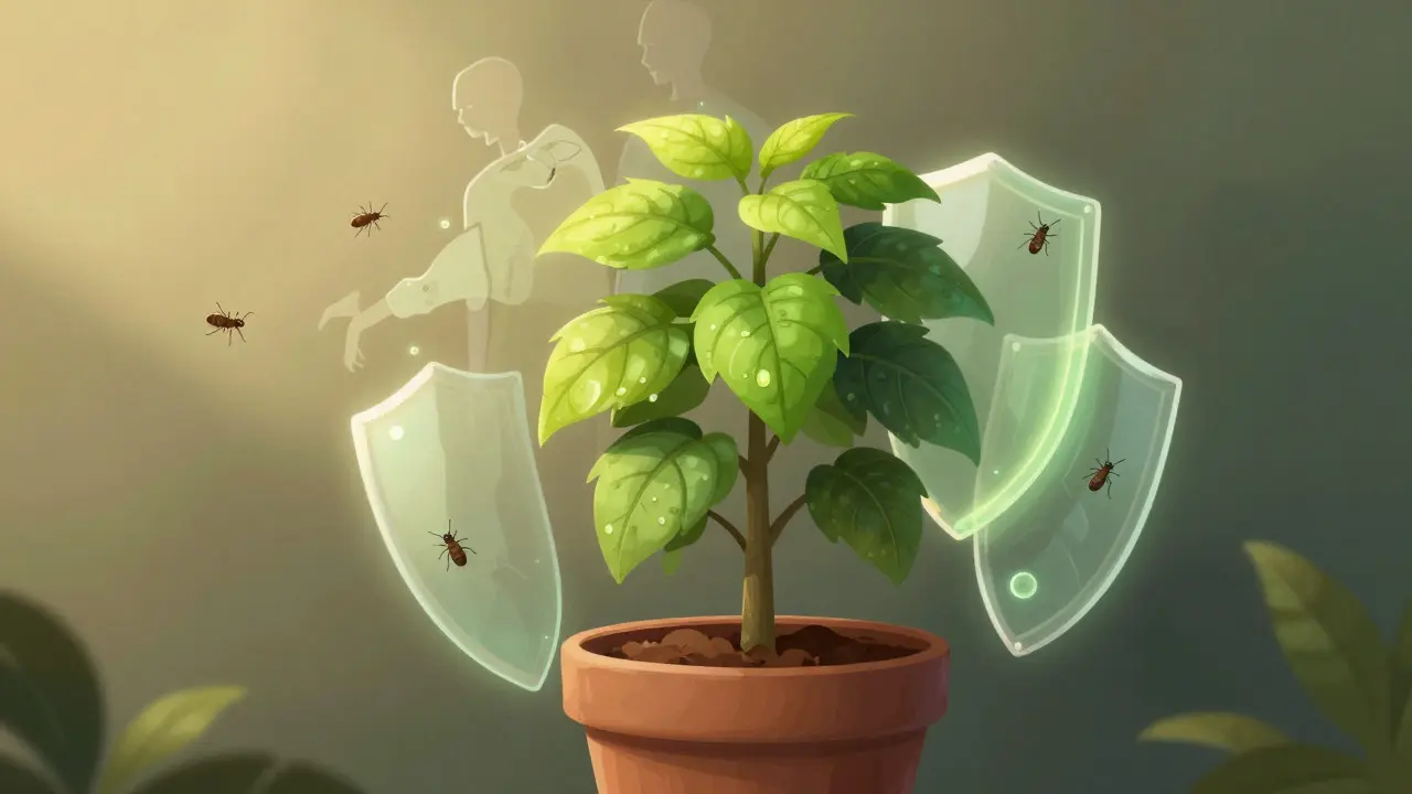 Konceptuální ilustrace zdravé rostliny chráněné před ústupujícími škůdci