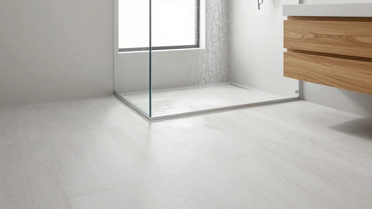 Modern bathroom with textured porcelain floor and running shower