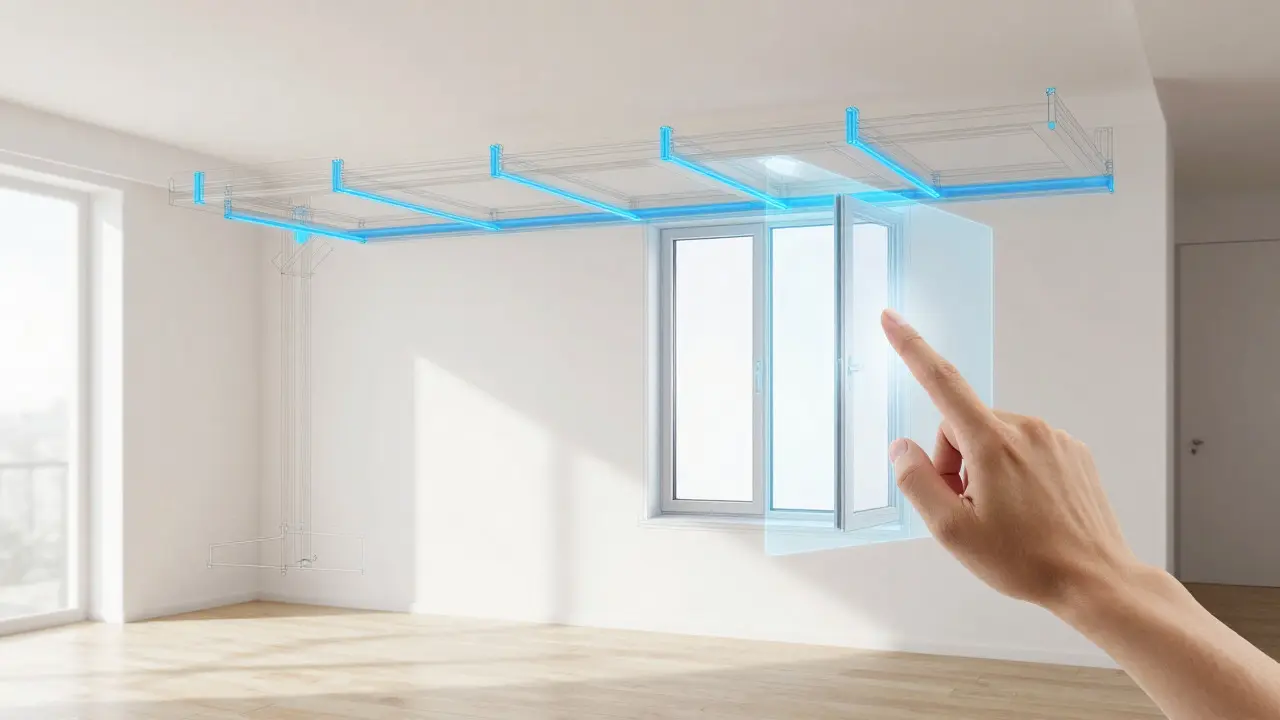 Moderní 3D vizualizace interiéru s viditelným digitálním modelem konstrukce