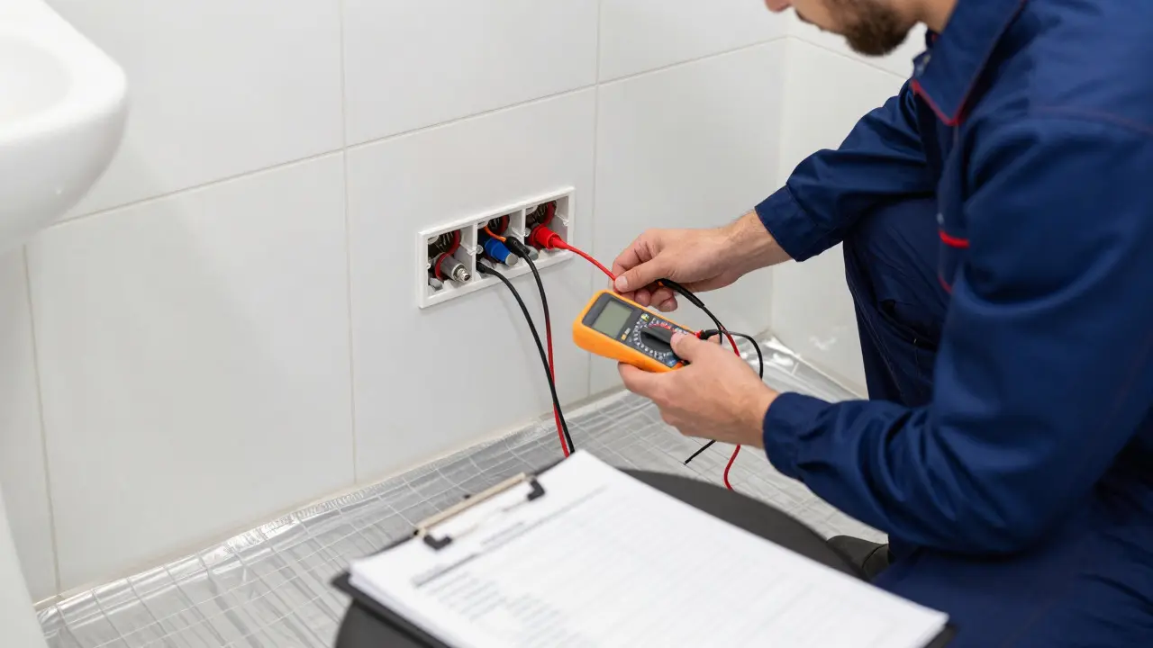 Odborník kontrolující elektrické podlahové topení v koupelně
