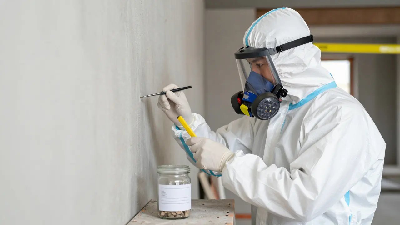 Odborník v ochranném obleku odebírá vzorek podezřelého materiálu