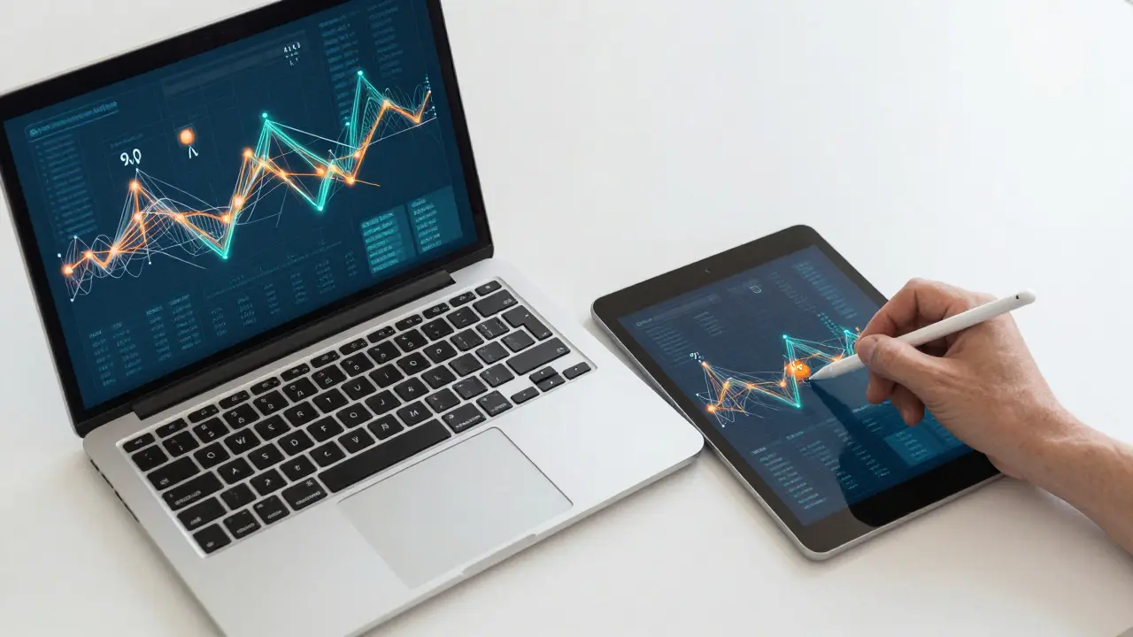 Pohled shora na notebook a tablet synchronizující nákupní plány