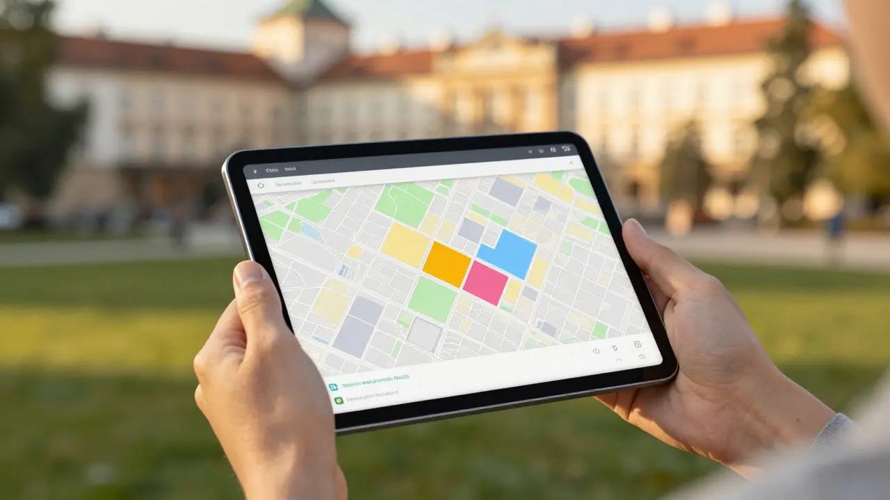 Ruce držící tablet s mapovým rozhraním na pozadí pražské architektury