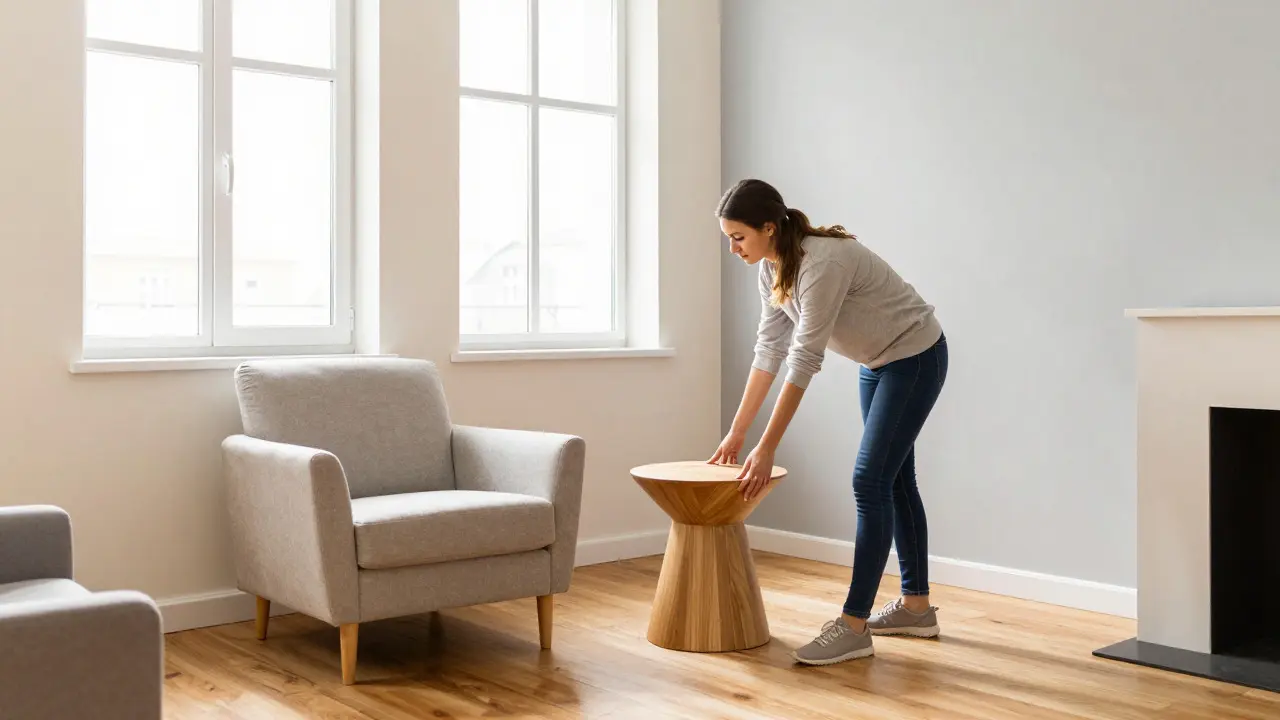 Specialista na home staging rozmisťuje dočasný nábytek v jasně osvětleném obýváku
